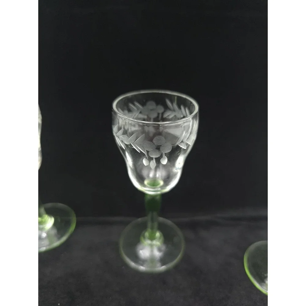 Vintage Uranium Glass Cordials Etched Foliate Design Stemware Set Of 5 Bryce?